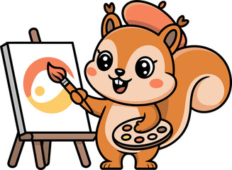Whimsical squirrel artist creating colorful masterpiece with brush and palette