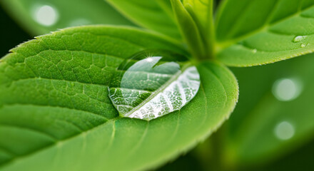 Fresh green leaf glistening with a single dewdrop, perfect for conveying purity, growth, and the beauty of nature's detail