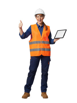 Happy female construction worker with thumbs up and tablet