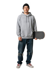 Young man with a skateboard isolated on a transparent background.