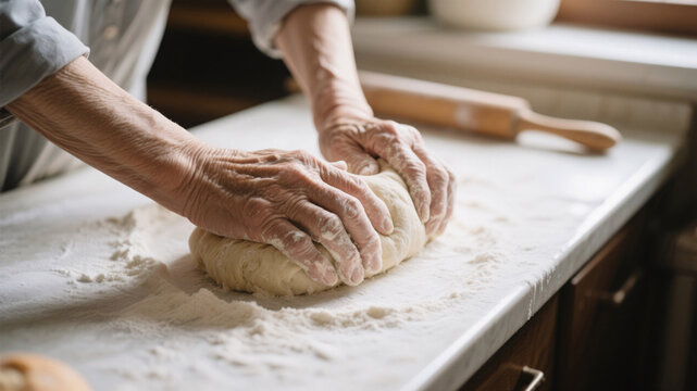 Senior person’s hands pressing soft dough in natural light, representing physical vitality, home tradition, and the emotional nourishment of daily creative routines