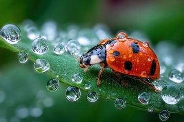 Obraz premium Ladybug on a Dewy Leaf Close Up