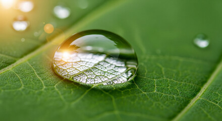 Macro view of a crystal clear water droplet reflecting intricate leaf veins, bathed in warm sunlight, evoking freshness and nature's beauty.