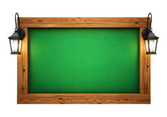 Rustic wooden sign with lanterns isolated on transparent background