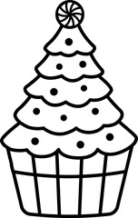 Outline of Christmas tree cupcake  decorated Candy isolated.
Holiday festive dessert children's coloring pages.
Transparent background. SVG.