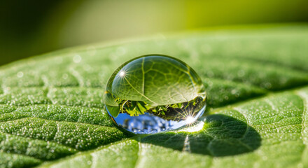 Macro view of a crystal clear water droplet reflecting intricate leaf veins, bathed in warm sunlight, evoking freshness and nature's beauty.