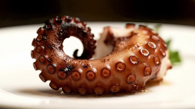 Close-Up: Chef Presents Grilled Octopus Tentacle on Plate at Restaurant
