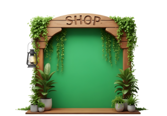 Rustic wooden archway shop entrance with green screen isolated on transparent background