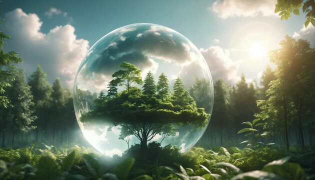 For&ecirc;t renaissante enferm&eacute;e dans une bulle lumineuse flottant dans le ciel, symbole d&rsquo;espoir &eacute;cologique et de durabilit&eacute;