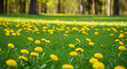 Vibrant yellow dandelions blanket a lush green meadow on a sunny spring day, evoking joy and nature's renewal