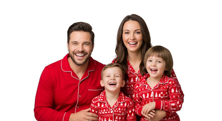 Happy family of four in matching red holiday pajamas, smiling cheerfully, isolated on white & transparent background. Ideal for Christmas greeting cards, winter advertising,