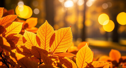Golden autumn leaves bathed in warm sunlight create a vibrant, cozy scene perfect for seasonal promotions and nature themes.