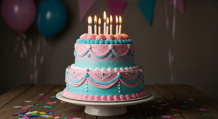 Celebrate joyous moments with a vibrant, candle-lit birthday cake adorned with beautiful frosting flowers and festive decorations