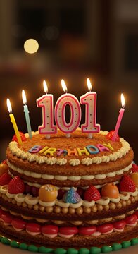 Delicious 101st Birthday Cake with Lit Candles.