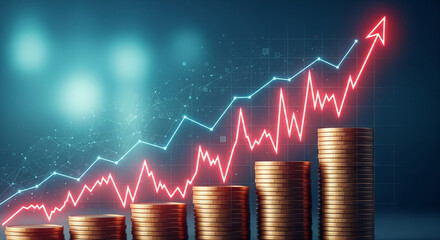 Dynamic financial growth explodes upwards with rising coin stacks and vibrant upward trending charts