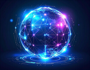 Futuristic digital globe with connected network and neon color scheme