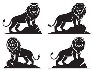 Four black and white illustrations of lions standing on rocks, showcasing different poses and angles.