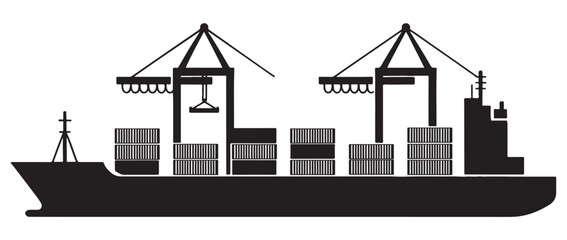 Fototapeta premium A black silhouette of a large container ship being loaded with shipping containers by two gantry cranes.