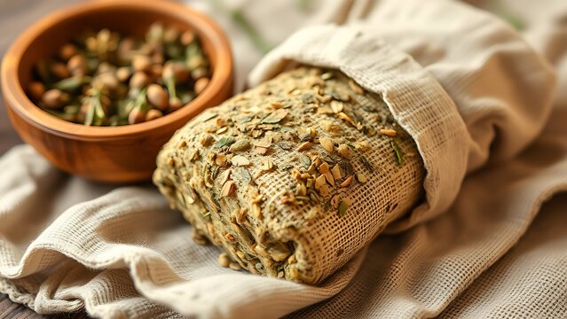 poultice. Herbal poultice wrapped in linen cloth beside a wooden bowl of dried herbs, natural remedy concept. menu design.