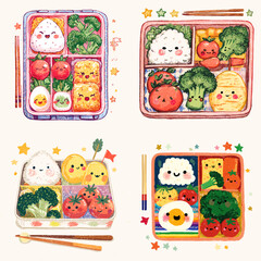 Adorable kawaii bento boxes filled with rice, vegetables, and eggs, drawn in watercolor. Perfect for Japanese food designs, kids’ illustrations, or cute menu art.