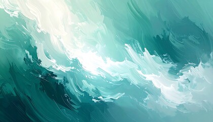 Abstract digital artwork with flowing, layered textures of turquoise and white, resembling ocean waves. Soft light illuminates the composition