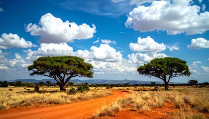 Obraz premium African landscape, savanna with two trees, red dirt road, vibrant blue sky and fluffy clouds