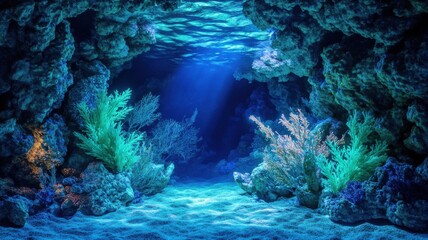 Naklejka premium Fantasy underwater cave with glowing bioluminescent corals and crystal formations