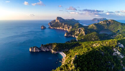 An aerial view of a coastal landscape. Rocky cliffs with lush greenery meet the azure sea. Soft sunlight creates highlights