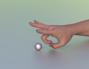 Human hand above the plane is ready to abruptly push a metal ball with the fingernail of the tensed and released middle finger. 3d rendering, no AI used