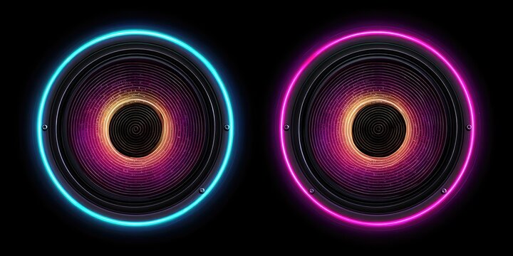 Two audio speakers with glowing neon rims and vibrant, colorful interiors set against a dark background