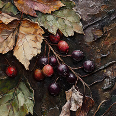 A close-up of autumn leaves and grapes, Autumn Grapes Close-up, Grapes with Autumn Leaves, Fall Grapes and Leaves Art, Autumn Harvest in Detail, Autumn Grapes and Leaves, Grapes and Leaves Close-up, 