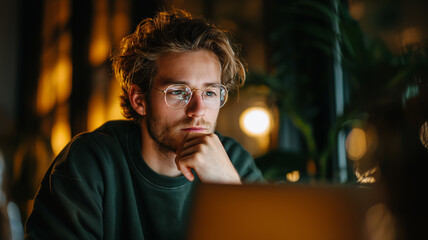 Man with Glasses Working at Laptop in Warm Evening Light
