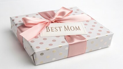 Beautiful gift box wrapped with ribbon and 'best mom' tag