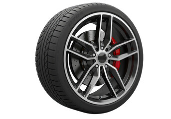 Obraz premium Close-up studio shot of a modern alloy car wheel and tire with red brake caliper, showcasing advanced automotive design and performance