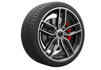 Close-up studio shot of a modern alloy car wheel and tire with red brake caliper, showcasing advanced automotive design and performance