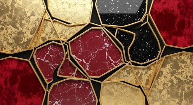 Abstract Geometric Pattern with Gold, Red, and Black Marbled Shapes.