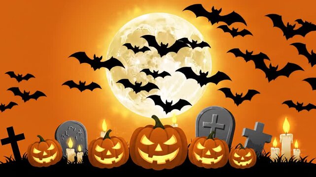 Spooky Halloween night with glowing jack-o'-lanterns, flying bats, and a full moon over a graveyard.