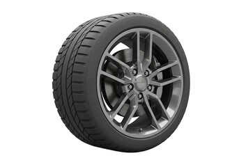 Obraz premium A modern high-performance car wheel and tire assembly with a visible brake system, isolated on a clean white background for automotive concepts