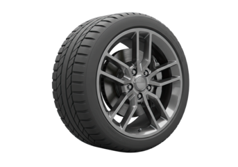 A modern high-performance car wheel and tire assembly with a visible brake system, isolated on a clean white background for automotive concepts