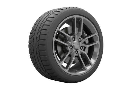A modern high-performance car wheel and tire assembly with a visible brake system, isolated on a clean white background for automotive concepts