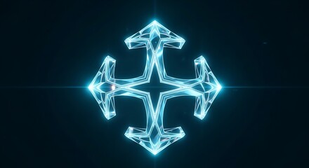 Abstract glowing blue geometric symbol with arrows pointing in four directions on a dark background.