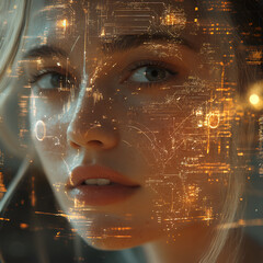 Digital woman’s face with tech interface, Digital Woman Face Technology, AI Woman Face with Holograms, Futuristic Woman with Digital Interface, AI Interface on Woman’s Face, Glowing Digital Woman Port
