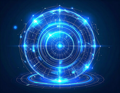 Futuristic glowing blue technological sphere with interconnected networks