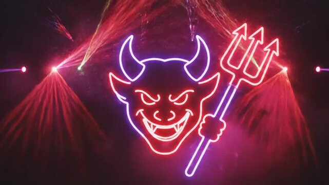 Fiery devil neon sign glows with ominous red and purple lights.
