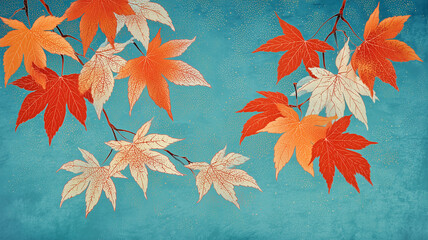 藍の空と和紙の質感で版画風に描いた舞い散る楓の図案