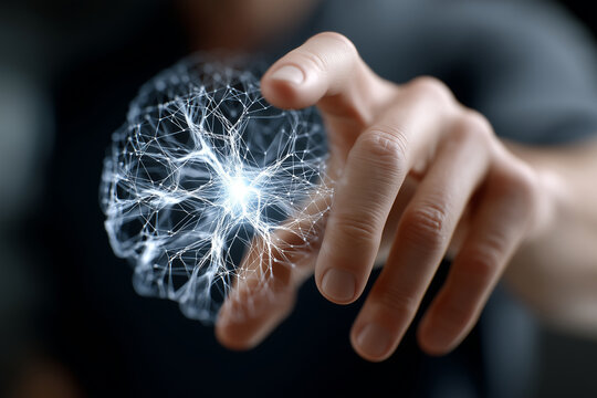 Digital mind map interface glowing on transparent screen, businessman's hand interacting, dark background, futuristic concept, - Powered by Adobe