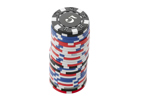 Stack of colorful casino chips, five denomination, isolated on white background, symbolizing gambling and risk - Powered by Adobe