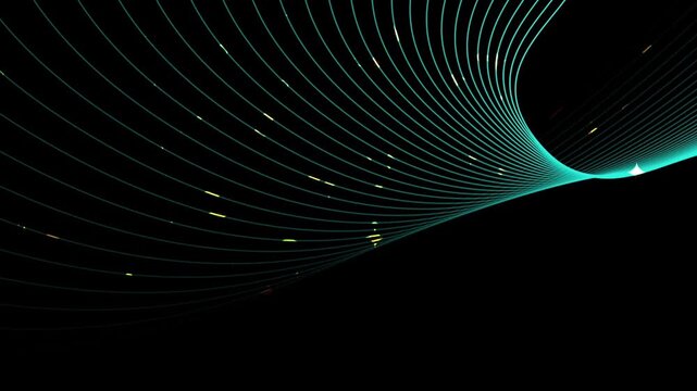 Abstract animation of cyan lines moving in a complex wave pattern on a deep black background.