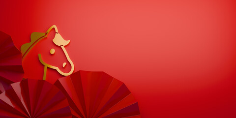 Chinese New Year banner template with folding paper fan and horse on red background. 3d render.