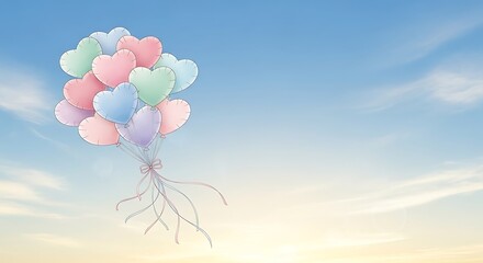 Heart-shaped balloons floating in a dreamy sky.